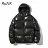 Riinr блестящий толстый мягкий слой мода тенденция теплый светоотражающий с капюшоном мужская сплошная цветная куртка пара плюс размер 2111129