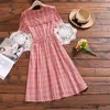 Mori Kız Tatlı Ekose Vintage Elbise Varış Japonya Tarzı Sailor Yaka Sundress Yaz Kısa Kollu Rahat Kadın MIDI 210520