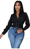 Women Bandage Shirts New Lapel Collar Long Sleeve Short Tops Casual Shirt Sexy Blouse Asian Size S-2XL