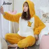 Jielur Warme Frauen Pyjama Sets Winter Dame Langarm Hemd + Hosen Hause anzug Mit Kapuze Cartoon Druck Dicke Pijama feminino 211112