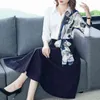 Autumn Office Two Piece Sets Outfits Women Plus Size Printed Patchwork Shirt And Pleated Long Skirt Suits Elegant Fashion 210513