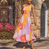 Casual Purple Floral Boho Beach Style Long Dress for Women Summer Sundress Holiday Elegant Loose Midi Vestido De Mujer 210427