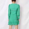 Elegant Ruched Patchwork Mesh Dress For Women V Neck Long Sleeve High Waist White Dresses Female Summer 210520