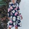 Осеннее платье для печати Женщины летняя мода повседневная цветочные лук эластичное MIDI шифоновое платье элегантный лук винтажные платья женщины 210514