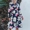 Autumn Print Dress Women Summer Fashion Casual Floral Bow Elastic Midi Chiffon dress elegant Bow Vintage Dress Women 210514