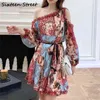 Fashion Asymmetrical Collar Dress Woman lantern sleeve patchwork vintage printed dress female casual vestidos autumn spring 210603