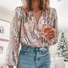 Mode Dames Tassel Sequin Blouse Herfst Tops Winter Strewear Retro Lange Mouwen Zilveren Reflecterende Shirts Dames Uitloper Nieuw