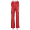 Chic Hollow Out Bandage Sexy Summer Red Leather Club Trousers Slim Straight Pants Faux PU Y2K High Waist Pants streetwear women 210709