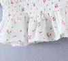 Kvinnors Blusar Franska Söt blommig Lace-up Ruffle Square Collar Blouse 2022 Sommar Prairie Chic Puff Sleeve Elastisk Midja Crop Top