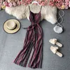 Verão Retro Moda Suspender Jumpsuit Feminino Impressão V-Pescoço Aberto De Volta Back Sem Mangas Cintura Cintura Largura Pé Feriado Vento C148 210507