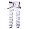 Белые джинсы мужчины сорванные растягивающие стройные подходит весна фальшивые молнии огорченные разорванные отверстия джинсы мужчины Jogger брюки уличная одежда Homme не пояс X0621