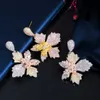 Pretty Dangle Drop Butterfly Flower 3 Tone Rose Gold Cubic Zirconia Women Earrings Elegant Costume Jewelry CZ716 210714