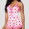 Omsj kvinnor v nacke ärmlös rompers shorts pinkgreen hjärta tryckt spets partwork pyjamas bodycon jumpsuit casual sexy homewear 210517