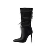 Mid-calf Boots Women Shoes Super High Heel Female Pointed Toe Thin Heels Lace UP Lady Footwear Winter Black 210517 GAI