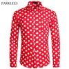 Czerwony Mens Polka Dot Koszula Przypadkowy Przycisk Sukienka Koszule Mężczyźni Chemise Homme Party Club Mężczyzna Ogród Point Camisas Masculina 210721