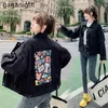 Korean Fashion Black Denim Jackets Single Breasted Pocket Women Long Sleeve Loose Top Turn-down Collar Cartoon Drawing 210601