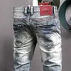 Italian Style Fashion Men Jeans Retro Blue Elastic Slim Fit Ripped Frayed Hole Vintage Designer Casual Denim Pants 8ZD1