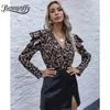 Surplice Neck Leopard Print Color Block Bodysuit Women Spring Puff Long Sleeve Ladies Highstreet Sexy Bodysuits 210510
