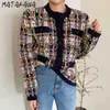 MATAKAWA Korea Chic Fashion Round Neck Single-breasted Sweater Women Particle Embellishment Loose Long-sleeved Knitted Cardigan 210513