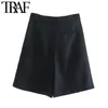 Traf Women Chic Fashion Side Pockets Pleated Bermuda Shorts Vintage High midjextlås Kvinnliga Korta byxor MUJER 210415
