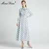 Mode Designer Jurk Lente Damesjurk Lange Mouw Lace-up Ruches Vintage Stripe Floral-Print Jurken 210524