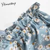 Yitimuceng Backless Print Dresses Women A-Line Spring Puff Sleeve Square Collar Kort Hög midja Vintage French Office Lady 210601