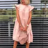 Casual Summer Fashion Ladies DrO-Neck Knee-Length Women's Clothing Solid Short Sleeve Loose Soft Petal Sleeve Women Dresses X0529