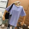 NEPLOE SIDE SPIT DEISGN FASHION T SHIRT KVINNOR O NECK Pullover Kortärmad Tees Femme Loose Causal Solid Ladies Top All Match 210423