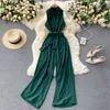 بذلة المرأة الربيع الأزياء مزاجه playsuit الخامس الرقبة أكمام الدانتيل يصل ارتفاع الخصر واسعة الساق السراويل ارتداءها فام 210519