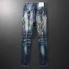 Amerikanska streetwear mode män jeans retro mörkblå splitsad designer biker homme elastiska målade hip hop penna byxor 210716