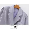 Traf女性のファッションダブルブレストトリミングブレザーコートビンテージパフ長袖ポケット女性の上着シックトップ210415