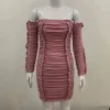 Free Women Summer Mini Dress Sexy Card Shoulder Manica lunga increspato drappeggiato aderente Club Night Party Vestidos 210524