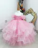 2021 cristais de renda cor-de-rosa cristais meninas meninas vestidos bola vestido espaguete níveis curva lilttle crianças aniversário desfile vestidos de casamento