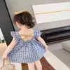 Gooporson Little Girls Sukienki Vestidos Summer Cute Odzież Backless Latający Rękaw Princess Dress Blue Plaid Toddler Kostium Q0716