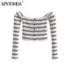 Women Fashion With Buttons Striped Knit Cropped T Shirt Vintage Slash Neck Long Sleeve Female Tee Tops Mujer 210416