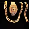 Ketten 3 stücke Iced Out Halskette Armband Uhren Strass 13mm Miami Cuban Pandents Bling Gold Uhr Für Männer Schmuck set