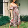 Donna Stampa floreale Off spalla Midi Estate manica corta Ruffles Abiti chic Una linea Boho Beach Dress Vestidos 210413