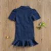 2021 Baby Summer Clothing Kid Baby Girls Vintage Denim Dress, Lapel Short Sleeve Cut Out Buttons Ruffle Mini Dresses 1-6T Q0716