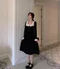 Bahar Fransız Retro Hepburn tarzı uzun kollu dantel kare yaka kontrast renk yüksek bel siyah elbise kadınlar 210429