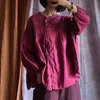 Johnature Vintage Full Sleeve Rose Red Puff Sleeve Linen Shirts Autumn Loose Women Blouses O-neck Chines Style Tops 210521