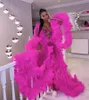 Najnowszy Fuksja Różowy Ruffles Długie Suknie Ciężarne Kobiety Szata Zobacz Thru Line Puffy Tulle Suknia Wieczorowa Maternity Photoshoot Vestido