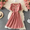 Vintage Elbise Kadınlar Yaz Kore Robe Tatlı Mizaç Kısa Kollu Vestidos Yüksek Bel Ince Ekose A-Line Elbiseler 210422