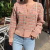 PERHAPS U Femmes Court Pull Court Tricoté Col V Cardigan Bouton Plaid Vert Violet Rose Tweed M0276 210529