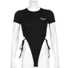 Brief print geribbelde zijde uitgehold lace-up sexy zwart bodysuit vrouwen korte mouw hoge taille witte lichamen top femme streetwear 210415