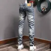 Итальянский стиль моды мужчины джинсы ретро синий подурный эластичный тонкий разорванный старинный дизайнер потертый пострадавшие джинсовые брюки