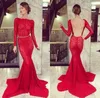 Sexy dos nu dentelle rouge robes de soirée formelles avec manches longues 2021 évider mode queue de poisson Pageant robes femmes bal fête porter