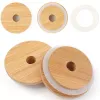 70mm 86mm Wide Mouth Bamboo Lids Mason Jar Canning Caps Glass Cups Lid With Straw Hole & Silicone Straw Valve Non Leakage Silicones Sealing Wooden Covers Storage