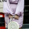 Automne arrivée tempérament Solide violet femmes robe O-Neck French Puff Sleeve Folds slim single-breasted bag hip dresses 210427