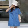 Summer Vacation Blue Lapel Pocket Single Breasted Loose Casual Fashion Short Sleeve Washed Denim Jumpsuit 16W1035 210510