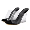 Fashion Wedge Heel Women's Tofflor Transparent Crystal High Heels Sommar Kvinnor Sandaler Peep Toe Kvinna Skor Beige Black Slides